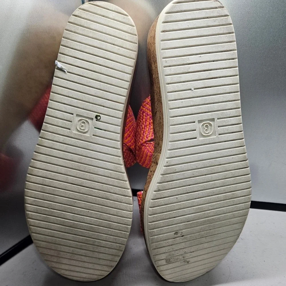 Bzees Sz 9 Double Strap Cork Wedge Sandals Red Orange Stretch Woven Comfort #374
